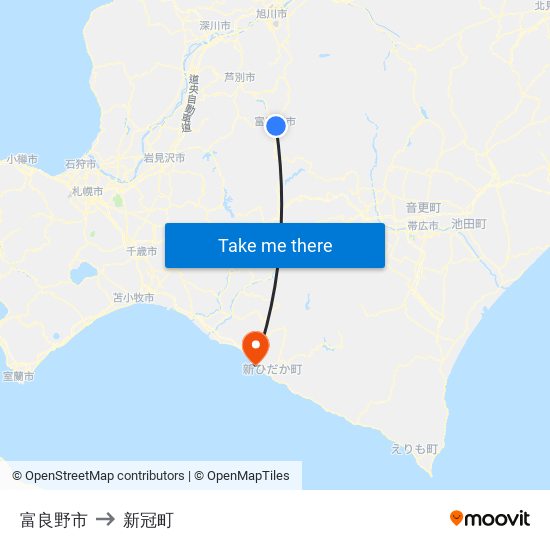 富良野市 to 新冠町 map