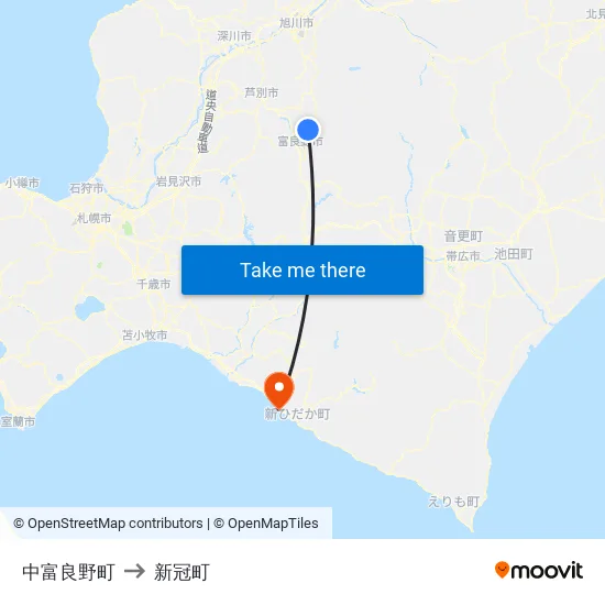 中富良野町 to 新冠町 map