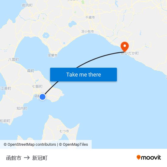 函館市 to 新冠町 map