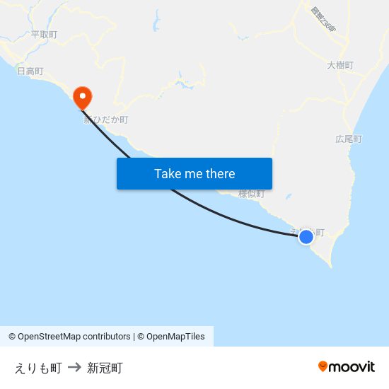 えりも町 to 新冠町 map