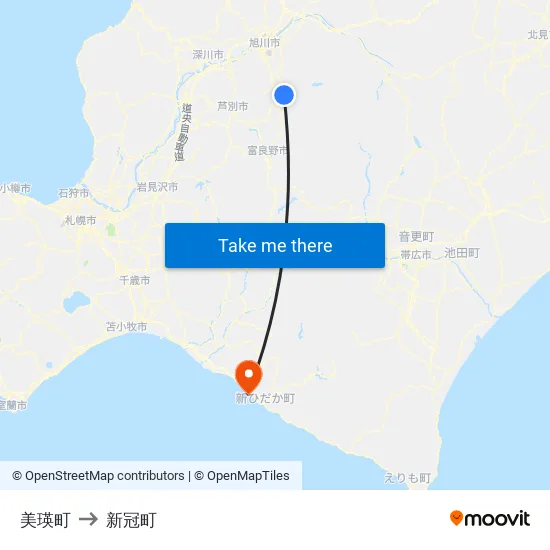 美瑛町 to 新冠町 map