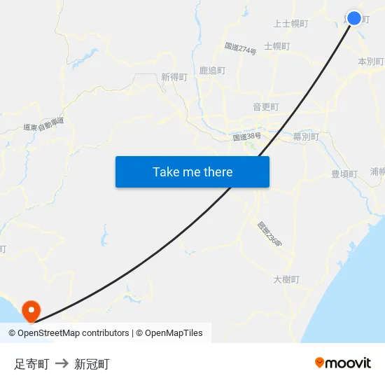足寄町 to 新冠町 map