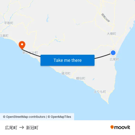 広尾町 to 新冠町 map
