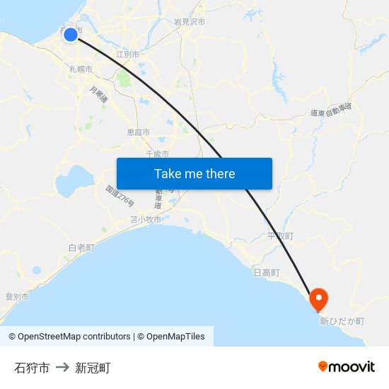 石狩市 to 新冠町 map