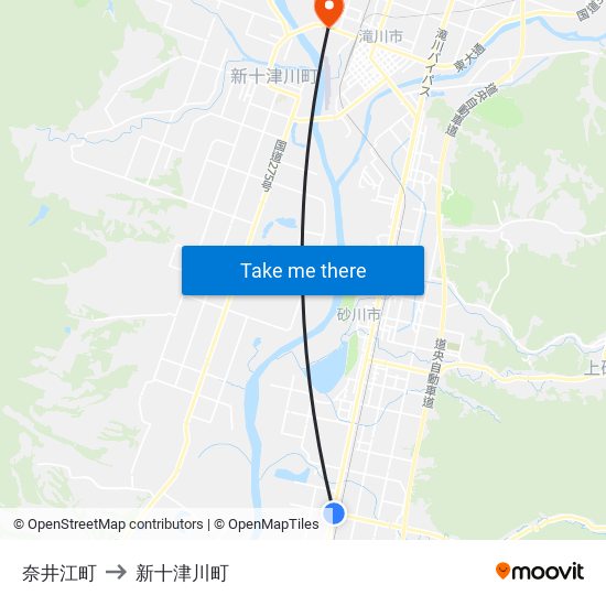 奈井江町 to 新十津川町 map