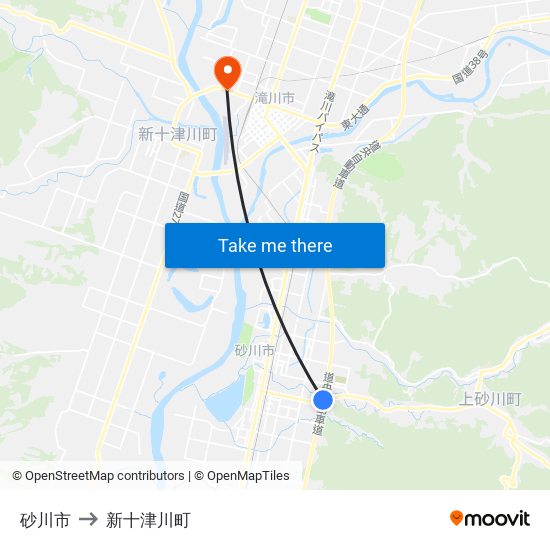 砂川市 to 新十津川町 map