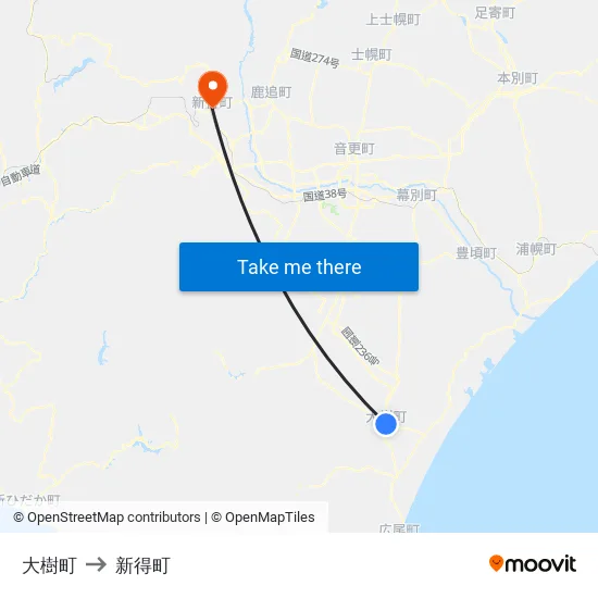 大樹町 to 新得町 map
