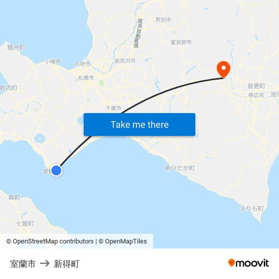 室蘭市 to 新得町 map