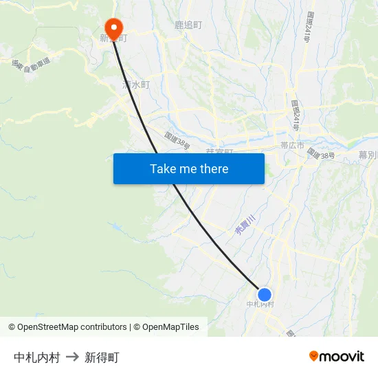 中札内村 to 新得町 map