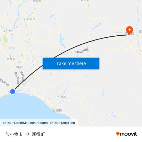 苫小牧市 to 新得町 map