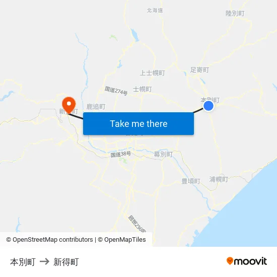 本別町 to 新得町 map