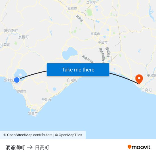 洞爺湖町 to 日高町 map