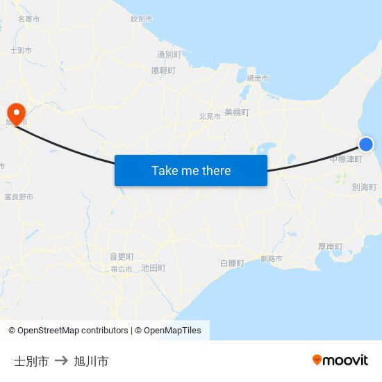 士別市 to 旭川市 map