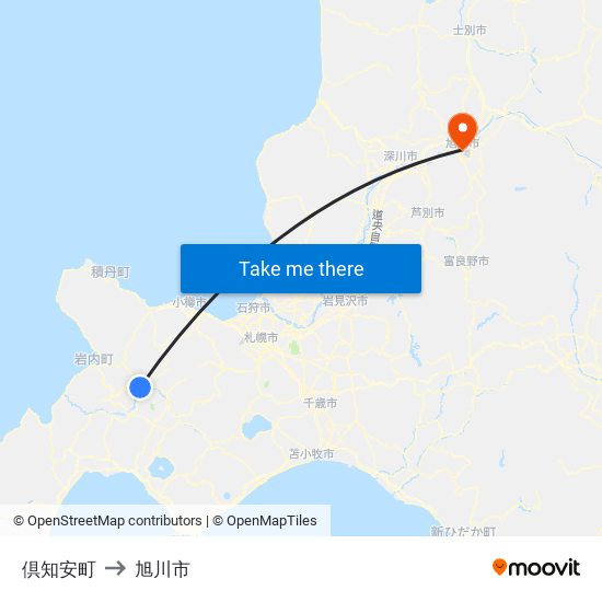 倶知安町 to 旭川市 map