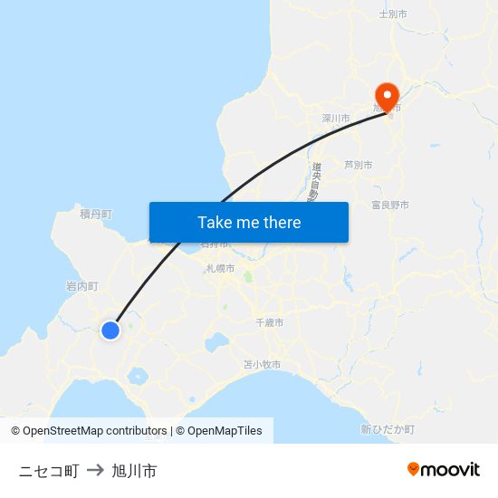 ニセコ町 to 旭川市 map