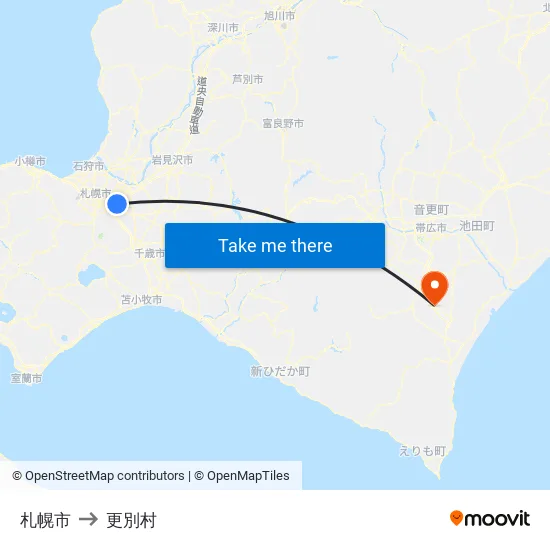 札幌市 to 更別村 map