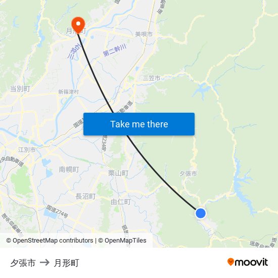 夕張市 to 月形町 map