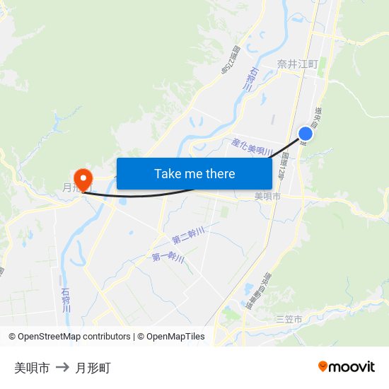 美唄市 to 月形町 map