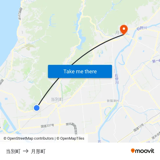 当別町 to 月形町 map