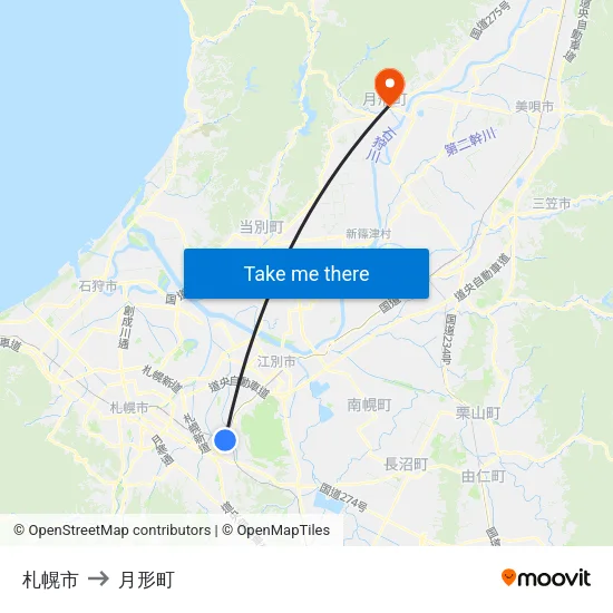 札幌市 to 月形町 map