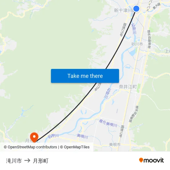 滝川市 to 月形町 map