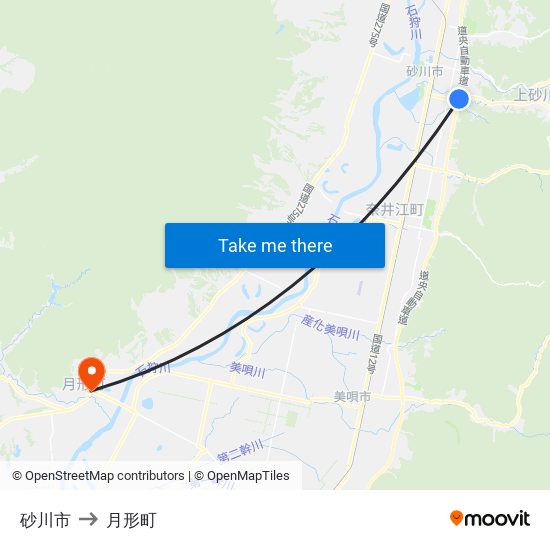 砂川市 to 月形町 map
