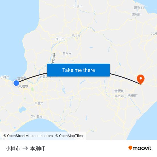 小樽市 to 本別町 map
