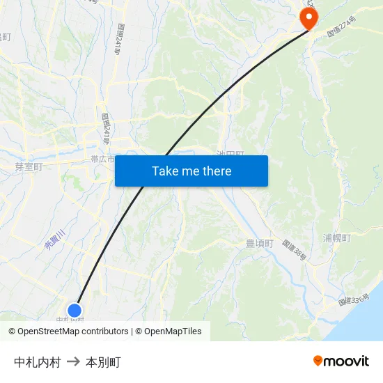 中札内村 to 本別町 map