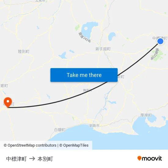 中標津町 to 本別町 map