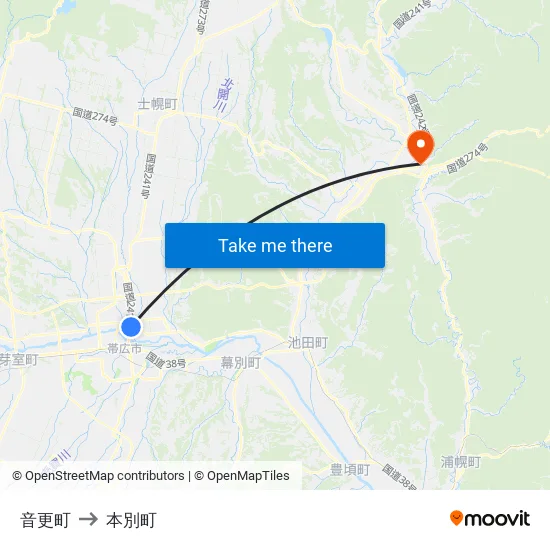 音更町 to 本別町 map