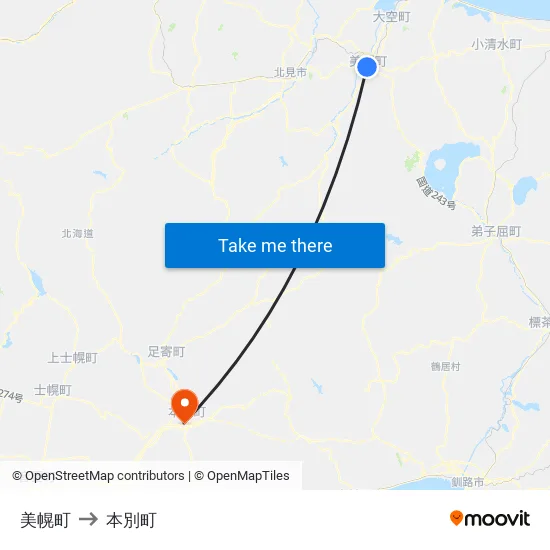 美幌町 to 本別町 map