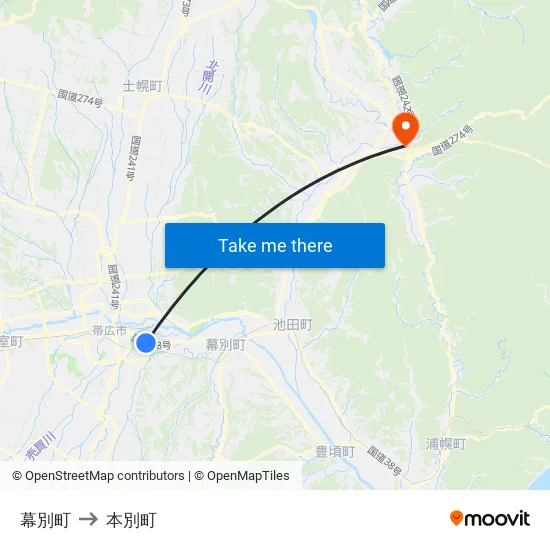 幕別町 to 本別町 map