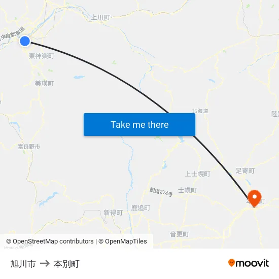 旭川市 to 本別町 map