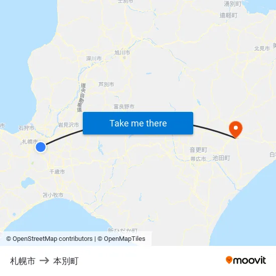 札幌市 to 本別町 map
