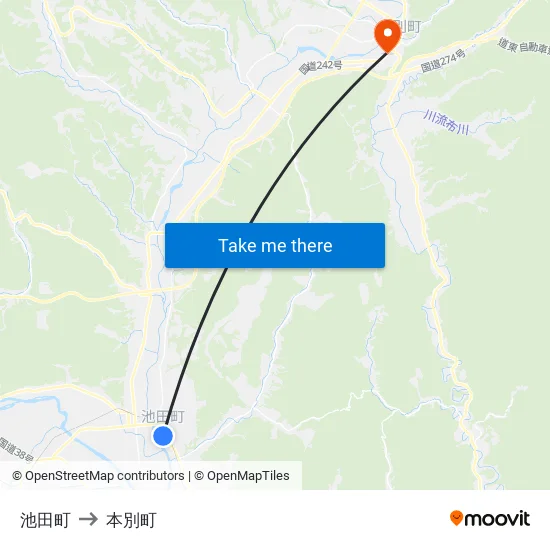 池田町 to 本別町 map