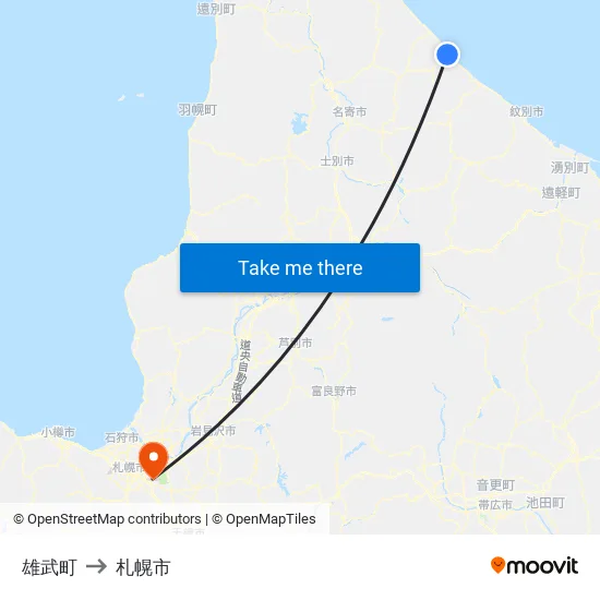 雄武町 to 札幌市 map