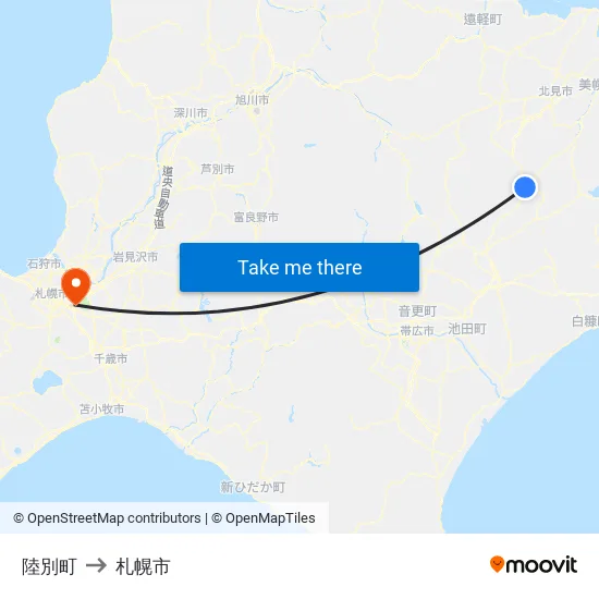 陸別町 to 札幌市 map