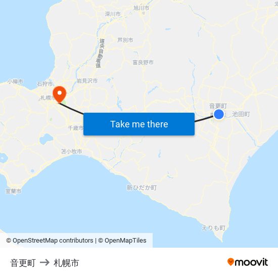音更町 to 札幌市 map