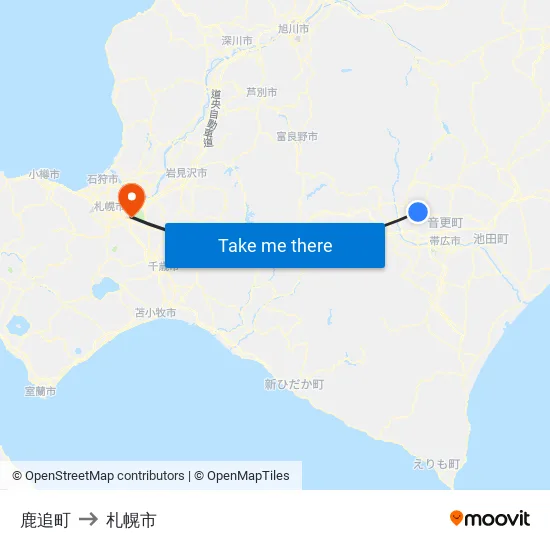 鹿追町 to 札幌市 map