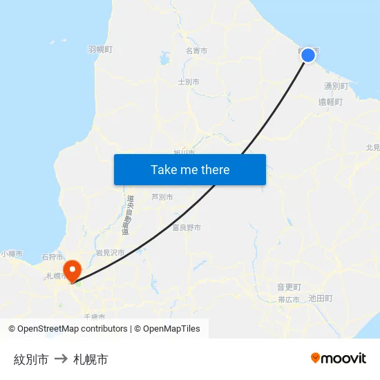 紋別市 to 札幌市 map