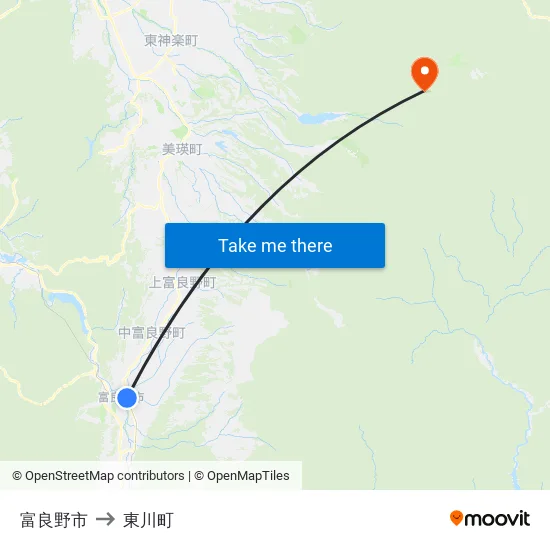 富良野市 to 東川町 map