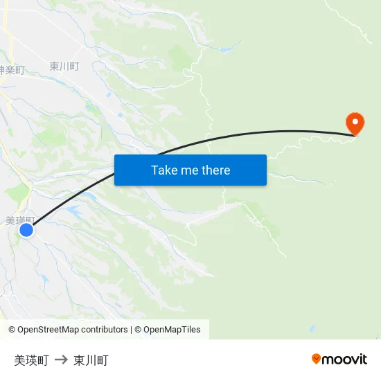 美瑛町 to 東川町 map