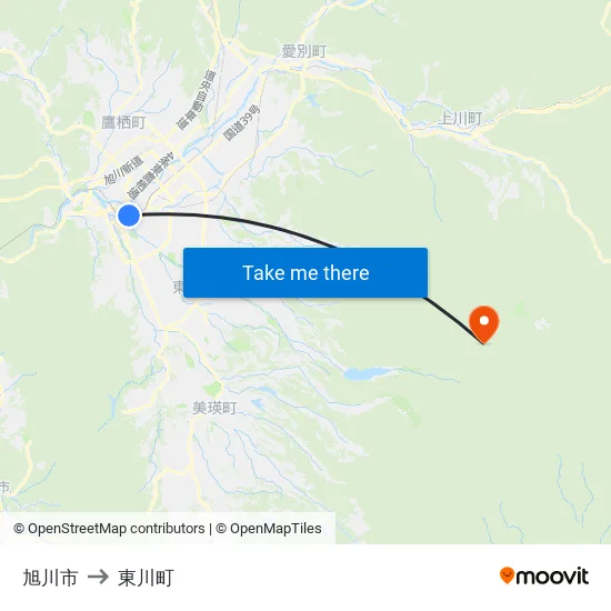旭川市 to 東川町 map