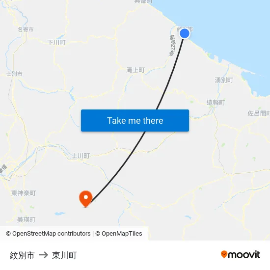 紋別市 to 東川町 map