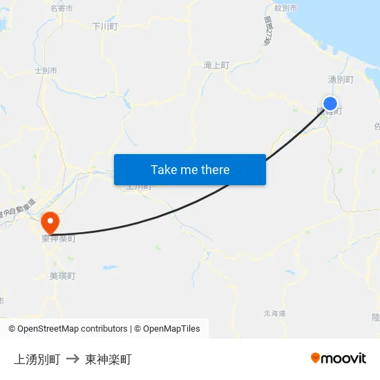 上湧別町 to 東神楽町 map