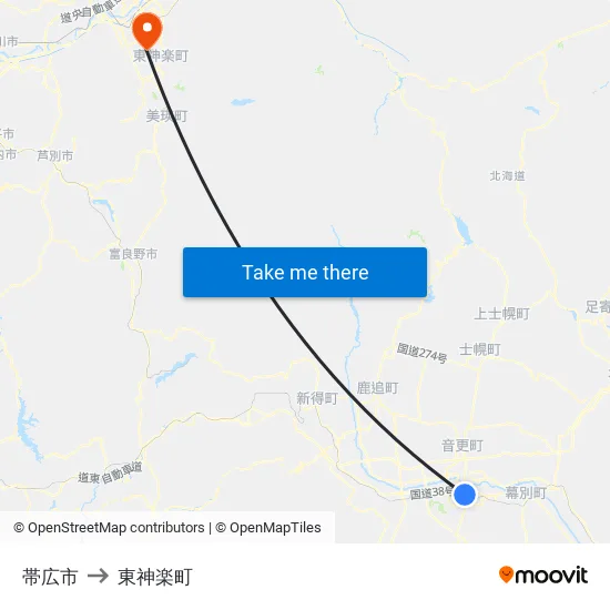 帯広市 to 東神楽町 map
