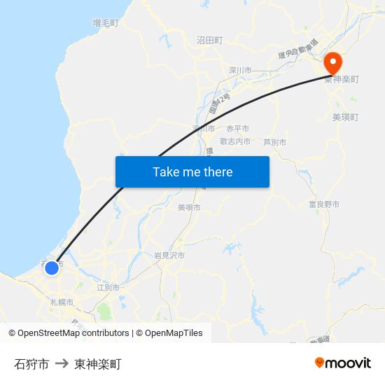 石狩市 to 東神楽町 map