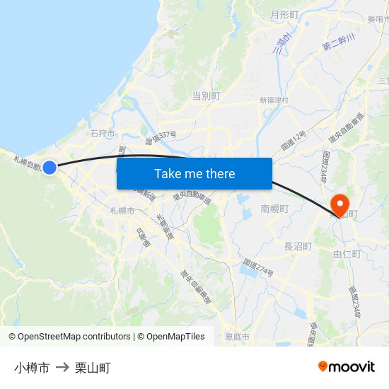 小樽市 to 栗山町 map