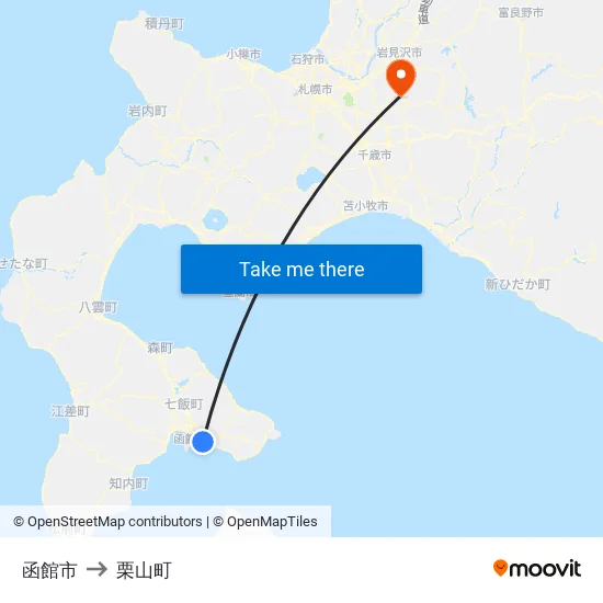 函館市 to 栗山町 map