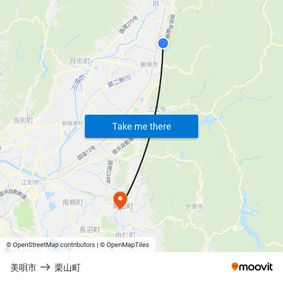 美唄市 to 栗山町 map